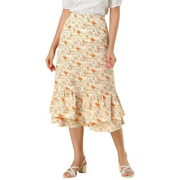 INSPIRE CHIC Valentine's Day Women's Chiffon Skirts Elastic Waist Ruffle Tiered Floral Flowy Midi Skirts S Beige-Floral