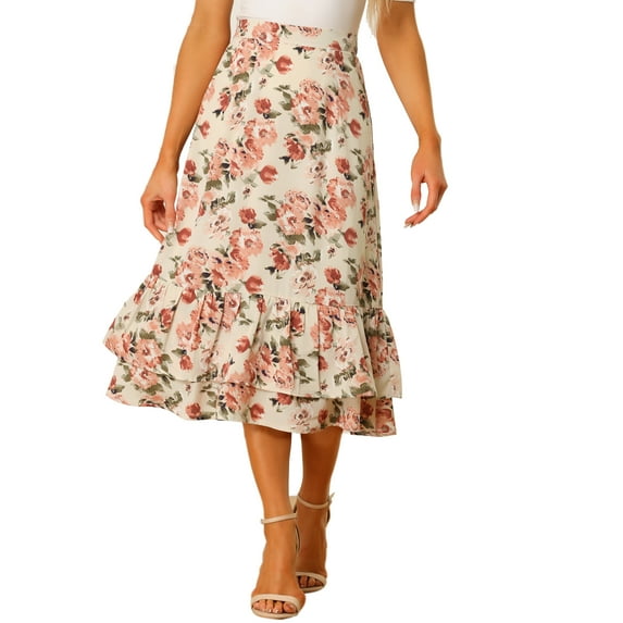 INSPIRE CHIC Valentine's Day Women's Chiffon Skirts Elastic Waist Ruffle Tiered Floral Flowy Midi Skirts S Beige Pink-Floral