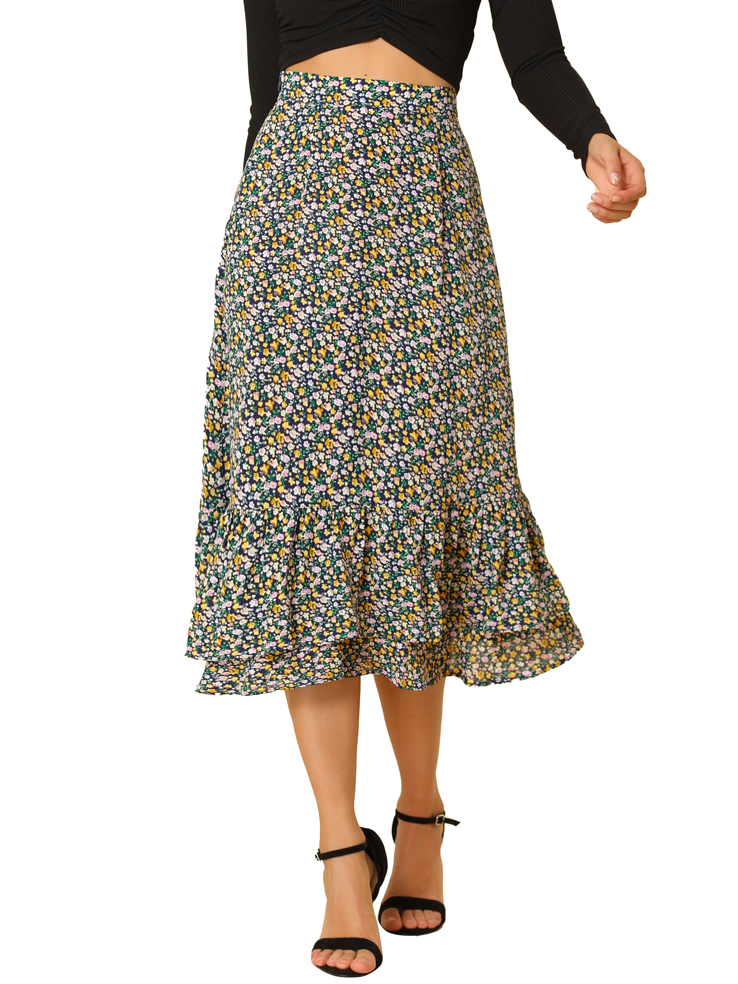 INSPIRE CHIC Women s Chiffon Skirts Elastic Waist Ruffle Tiered Floral 