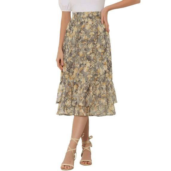 INSPIRE CHIC Valentine's Day Women's Chiffon Skirts Elastic Waist Ruffle Tiered Floral Flowy Midi Skirts XL Light Grey-Floral