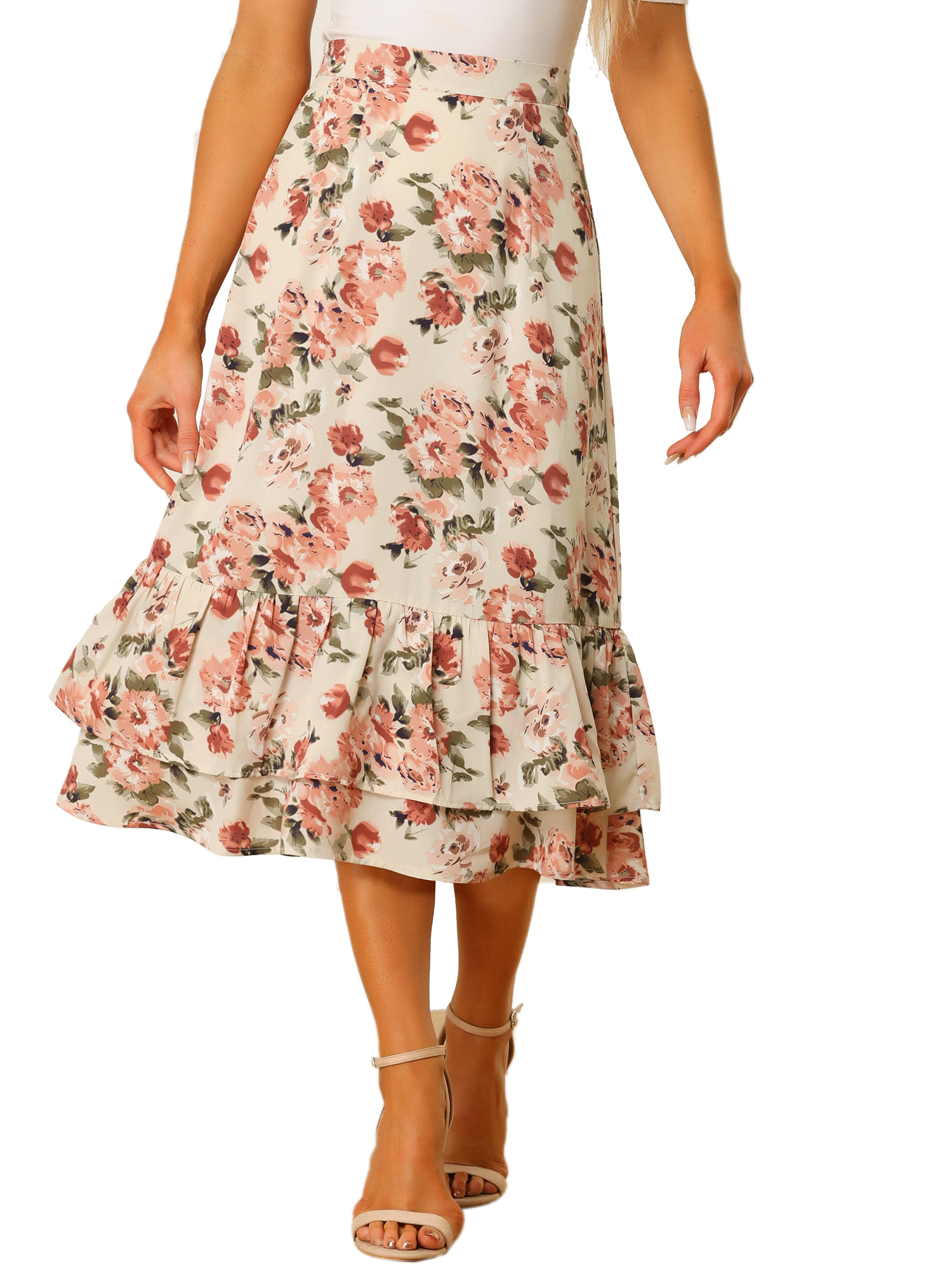 INSPIRE CHIC Women s Chiffon Skirts Elastic Waist Ruffle Tiered Floral 