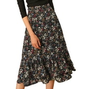 INSPIRE CHIC Women's Chiffon Skirts Elastic Waist Ruffle Tiered Floral Flowy Midi Skirts XS Black-Floral
