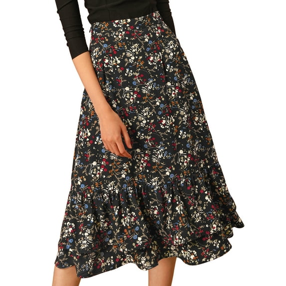 INSPIRE CHIC Valentine's Day Women's Chiffon Skirts Elastic Waist Ruffle Tiered Floral Flowy Midi Skirts XS Black-Floral