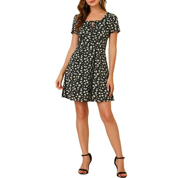 INSPIRE CHIC Women's Printed Square Neck Short Sleeve A-Line Prom Dress XL Black Pink-Floral