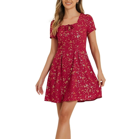 INSPIRE CHIC Women's Printed Square Neck Short Sleeve A-Line Prom Dress M Red-Floral