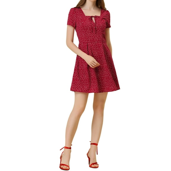 INSPIRE CHIC Women's Printed Square Neck Short Sleeve A-Line Prom Dress XL Red-Dotted