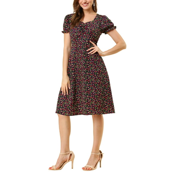 INSPIRE CHIC Women's Printed Sweetheart Neck Puff Sleeves Hidden Side Zipper Smock Midi Dress XS Navy Blue