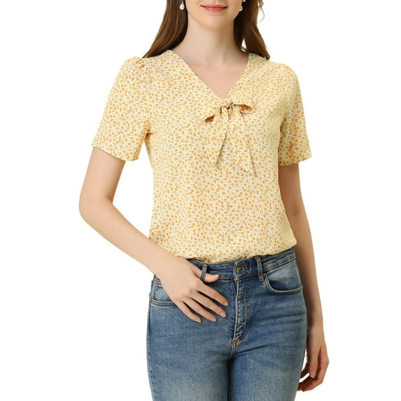 INSPIRE CHIC Women's Printed Tie V Neck Short Sleeves Straight Loose Blouse Tops