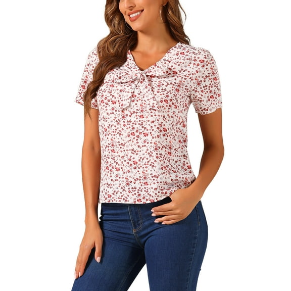 INSPIRE CHIC Women's Printed Tie V Neck Short Sleeves Straight Loose Blouse Tops