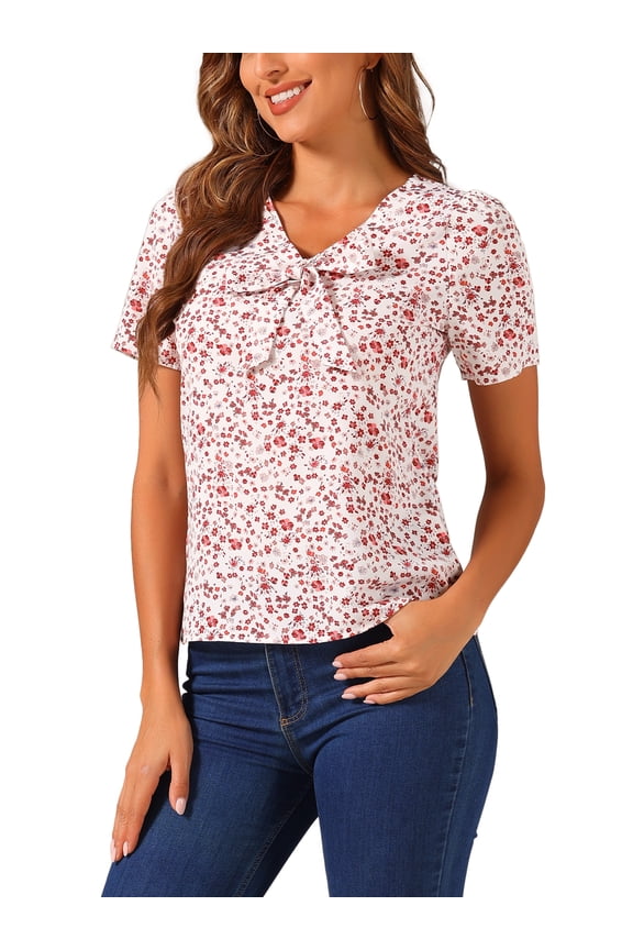 Women's Printed Tie V Neck Short Sleeves Straight Loose Blouse Tops