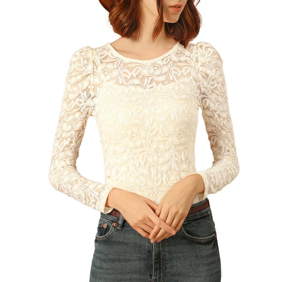 INSPIRE CHIC Women's Tops Puff Long Sleeve Semi Sheer Floral Lace Blouses 3XL Beige