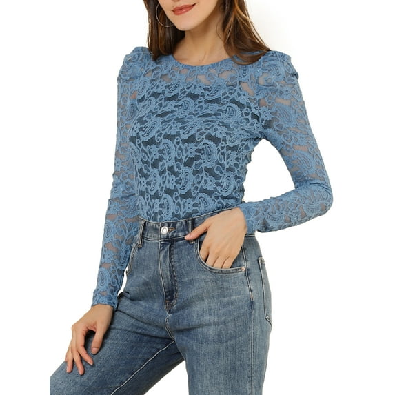 INSPIRE CHIC Women's Tops Puff Long Sleeve Semi Sheer Floral Lace Blouses M Blue