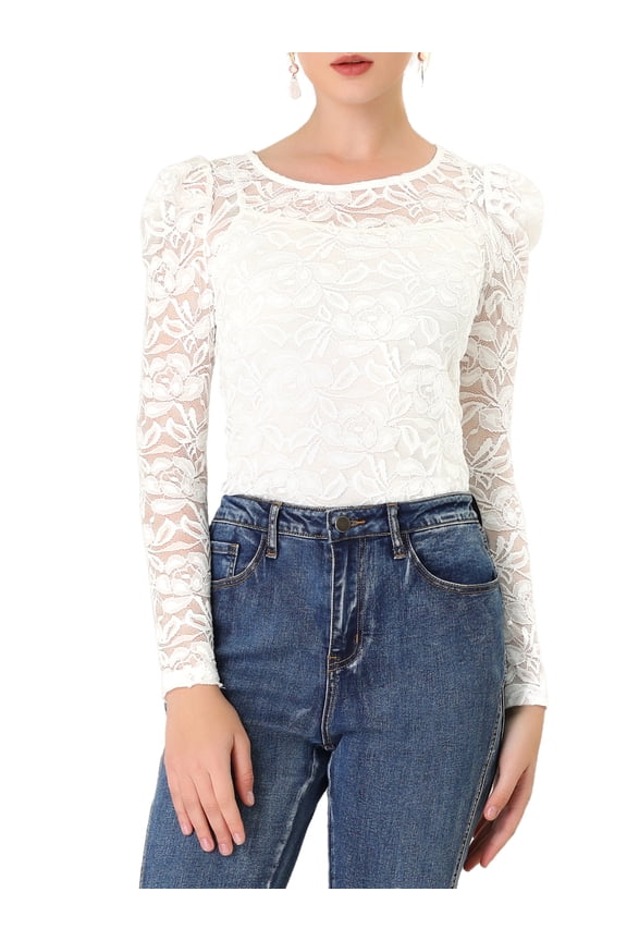 Women's Tops Puff Long Sleeve Semi Sheer Floral Lace Blouses M White