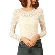 INSPIRE CHIC Women's Tops Puff Long Sleeve Semi Sheer Floral Lace Blouses XL Beige