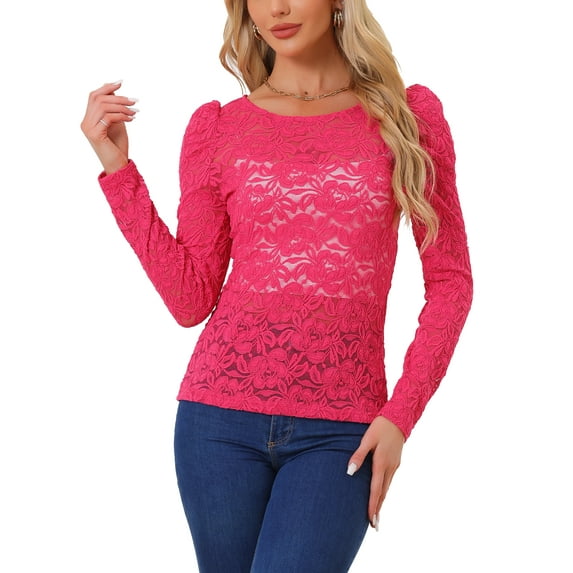 INSPIRE CHIC Women's Tops Puff Long Sleeve Semi Sheer Floral Lace Blouses XS Hot Pink