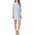 thumbnail image 1 of INSPIRE CHIC Women's Puff Short Sleeve Stand Collar Belted Above Knee Skater Shirt Dress Light Blue L, 1 of 6