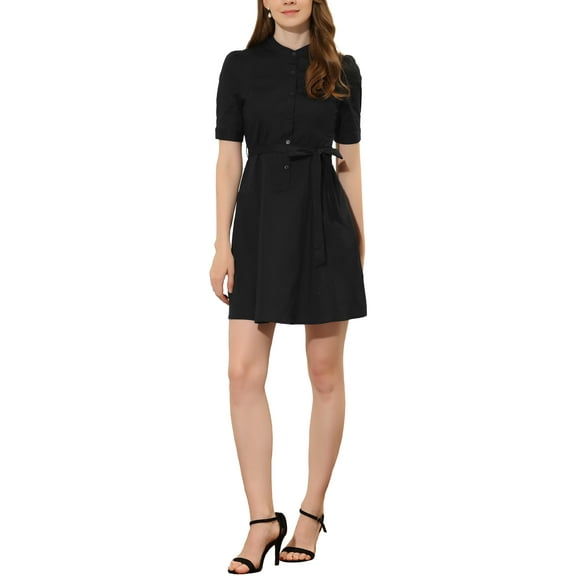 INSPIRE CHIC Women's Puff Short Sleeve Stand Collar Belted Above Knee Skater Shirt Dress Black S