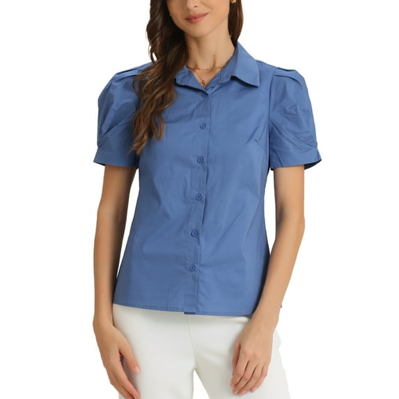 INSPIRE CHIC Women's Puff Short Sleeve Turn Down Collared Work Office Button Down Shirt M Blue