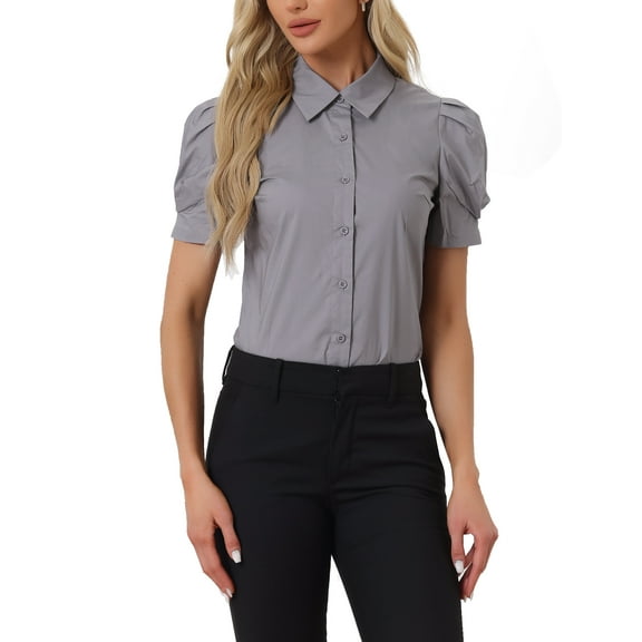 INSPIRE CHIC Women's Puff Short Sleeve Turn Down Collared Work Office Button Down Shirt XS Dark Grey