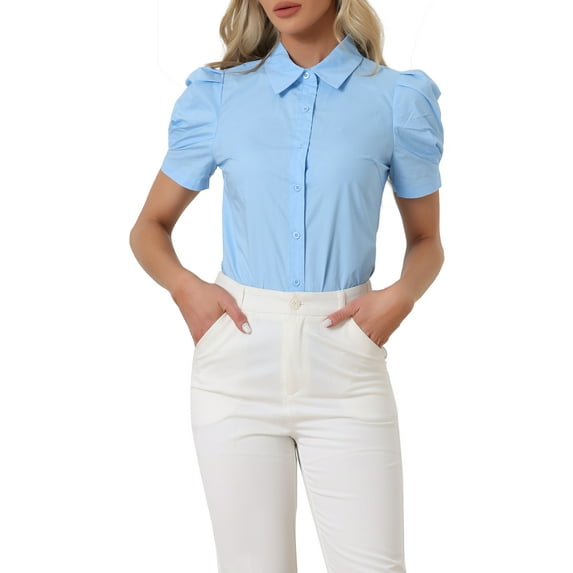 INSPIRE CHIC Women's Puff Short Sleeve Turn Down Collared Work Office Button Down Shirt XS Sky Blue
