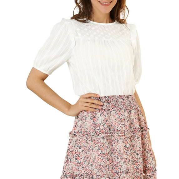 INSPIRE CHIC Women's Puff Shoulder Round Neck Collarless Ruffle Keyhole Back Blouse L White