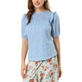 thumbnail image 1 of INSPIRE CHIC Women's Puff Shoulder Round Neck Collarless Ruffle Keyhole Back Blouse M Blue, 1 of 6