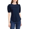 thumbnail image 1 of INSPIRE CHIC Women's Puff Shoulder Round Neck Collarless Ruffle Keyhole Back Blouse S Dark Blue, 1 of 7