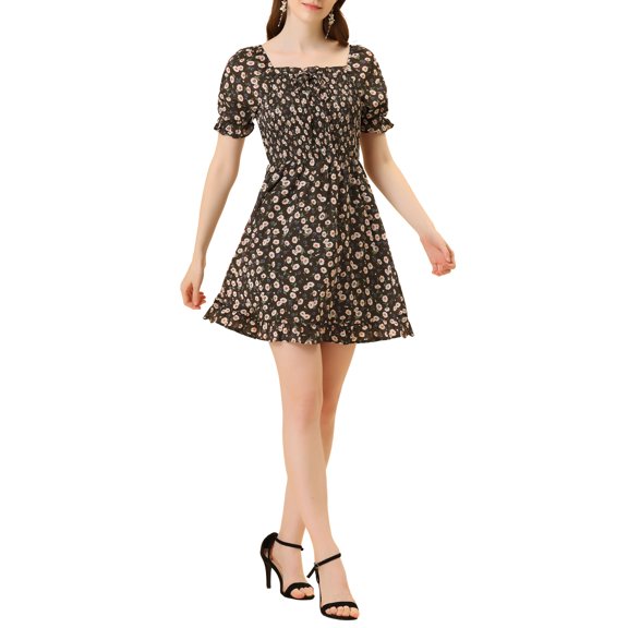 INSPIRE CHIC Women's Puff Sleeve Back Smocked Sweetheart Neck Floral Ruffled Hem Dress S Coffee