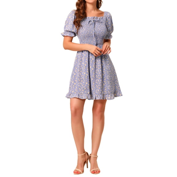 INSPIRE CHIC Women's Puff Sleeve Back Smocked Sweetheart Neck Floral Ruffled Hem Dress S Purple