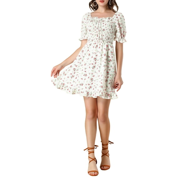 INSPIRE CHIC Women's Puff Sleeve Back Smocked Sweetheart Neck Floral Ruffled Hem Dress M White
