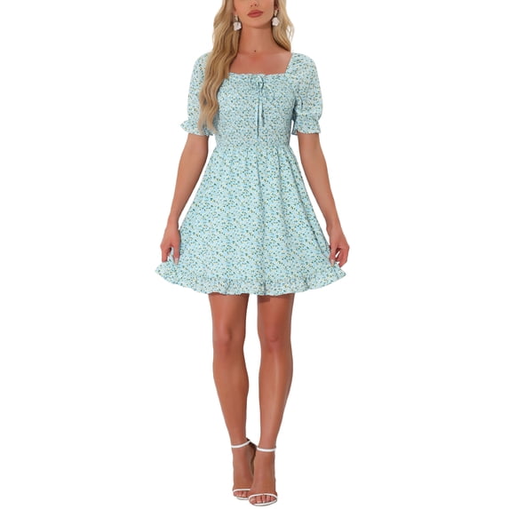 INSPIRE CHIC Women's Puff Sleeve Back Smocked Sweetheart Neck Floral Ruffled Hem Dress M Light Blue