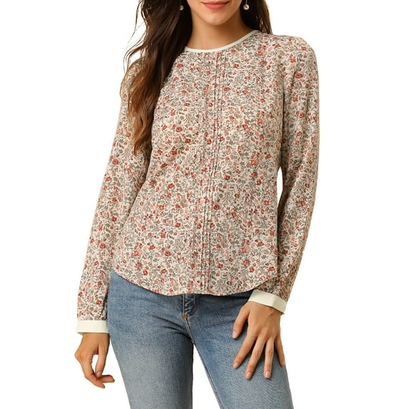 Allegra K Women's Puff Sleeve Button Down Back Contrast Color Floral Printed Blouse Top