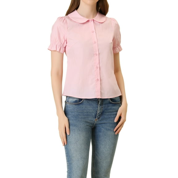 INSPIRE CHIC Women's Blouse Vintage Peter Pan Collar Tie Neck Casual Cute Cotton Button-Up Shirt XS Pink