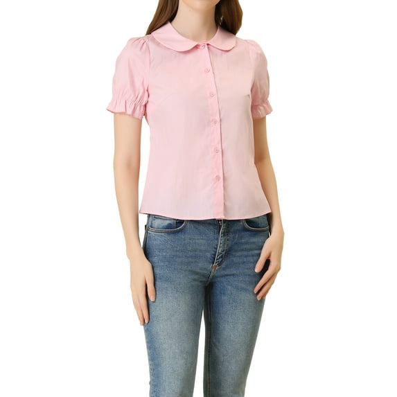 INSPIRE CHIC Women's Blouse Vintage Peter Pan Collar Tie Neck Casual Cute Cotton Button-Up Shirt XL Pink