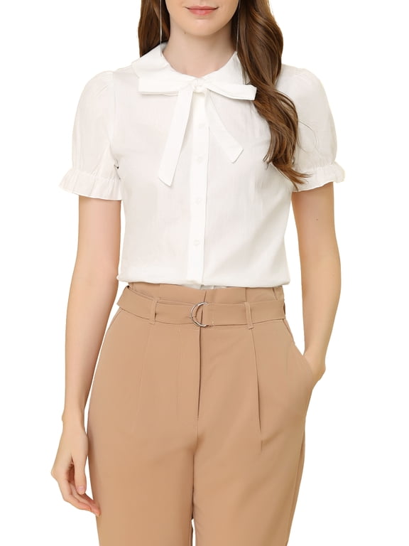 Women's Blouse Vintage Peter Pan Collar Tie Neck Casual Cute Cotton Button-Up Shirt XL White