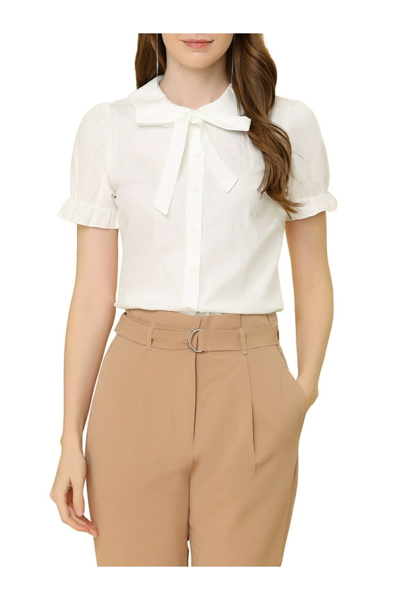 Women's Blouse Vintage Peter Pan Collar Tie Neck Casual Cute Cotton Button-Up Shirt S White