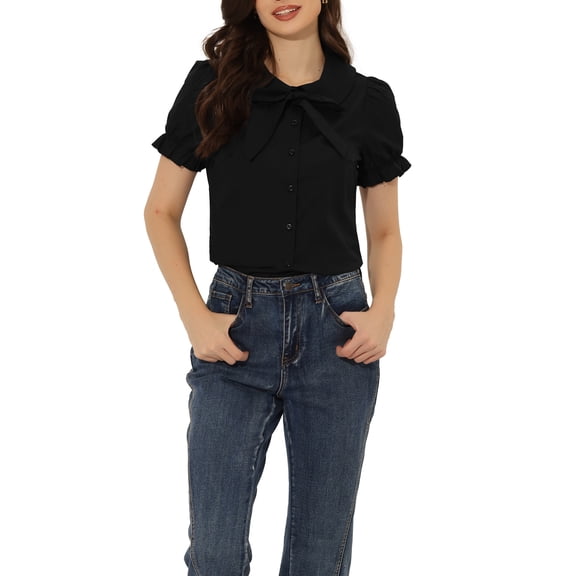 INSPIRE CHIC Women's Blouse Vintage Peter Pan Collar Tie Neck Casual Cute Cotton Button-Up Shirt XS Black