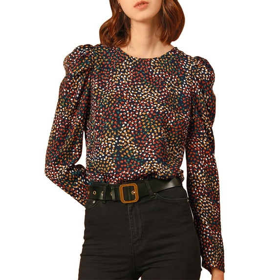 INSPIRE CHIC Women's Puff Sleeve Retro Round Neck Puffy Blouse Tops L MultiColor