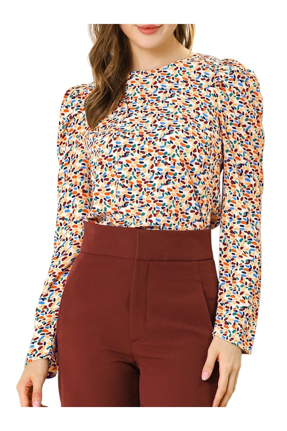 Women's Puff Sleeve Retro Round Neck Puffy Blouse Tops XL MultiColor White