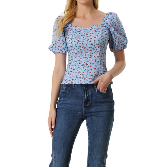 INSPIRE CHIC Women's Puff Sleeve Tops Sweetheart Neck Smocked Floral Blouses L Light Blue