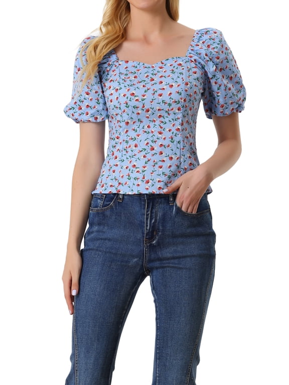 Women's Floral Blouse Sweetheart Square Neck Puff Sleeve Smocked Back Casual Top Light Blue L