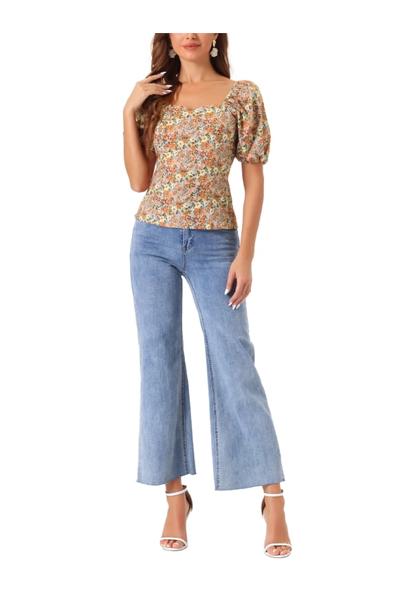 Women's Puff Sleeve Tops Sweetheart Neck Smocked Floral Blouses L Orange Brown