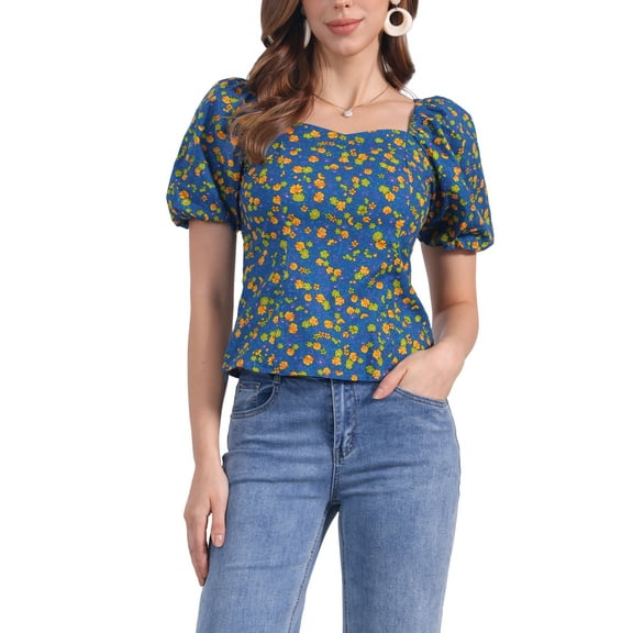 INSPIRE CHIC Women's Puff Sleeve Tops Sweetheart Neck Smocked Floral Blouses M Dark Blue
