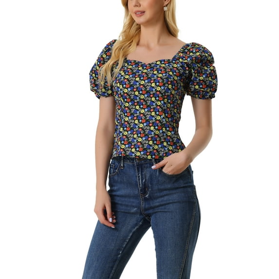 INSPIRE CHIC Women's Floral Blouse Sweetheart Square Neck Puff Sleeve Smocked Back Casual Top Black Red S