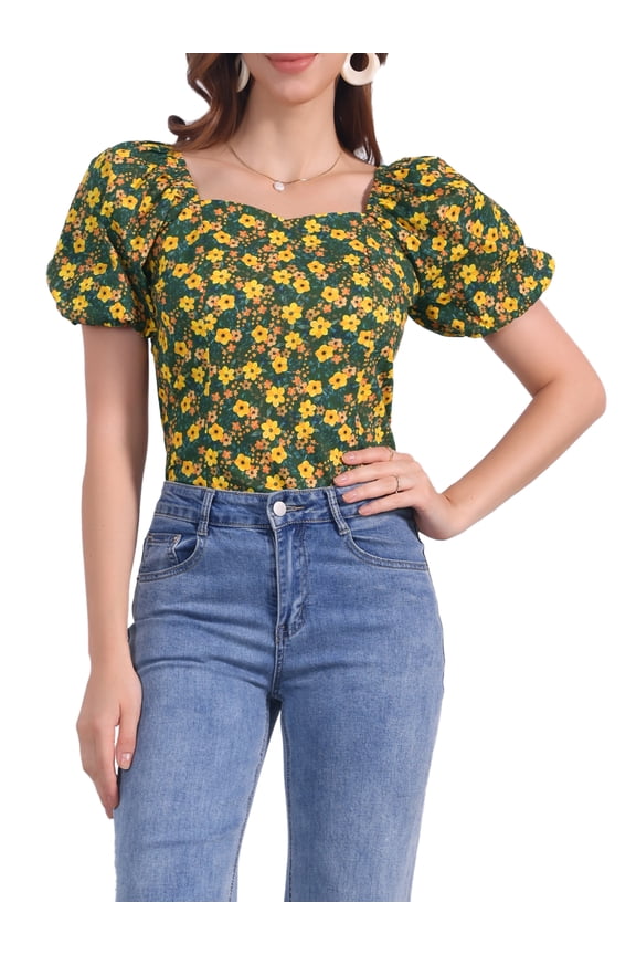 Women's Puff Sleeve Tops Sweetheart Neck Smocked Floral Blouses S Olive Green