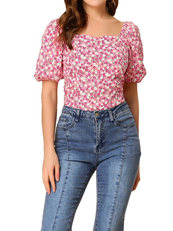 Women's Floral Blouse Sweetheart Square Neck Puff Sleeve Smocked Back Casual Top Pink S