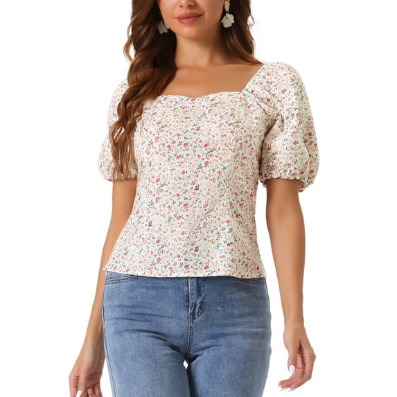 INSPIRE CHIC Women's Puff Sleeve Tops Sweetheart Neck Smocked Floral Blouses XL White Yellow