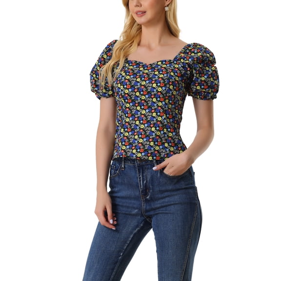 INSPIRE CHIC Women's Puff Sleeve Tops Sweetheart Neck Smocked Floral Blouses XS Black Red