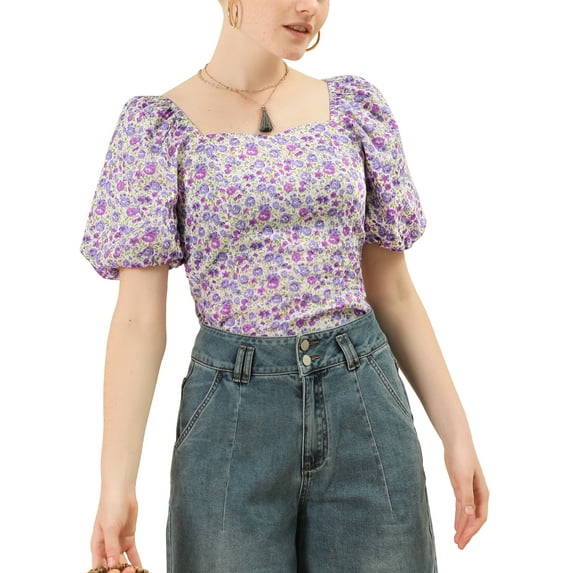 INSPIRE CHIC Women's Puff Sleeve Tops Sweetheart Neck Smocked Floral Blouses XS Purple