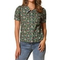 thumbnail image 1 of INSPIRE CHIC Women's Button Down Blouse Puff Short Sleeve Turndown Collar Floral Cotton Top L Army Green, 1 of 5